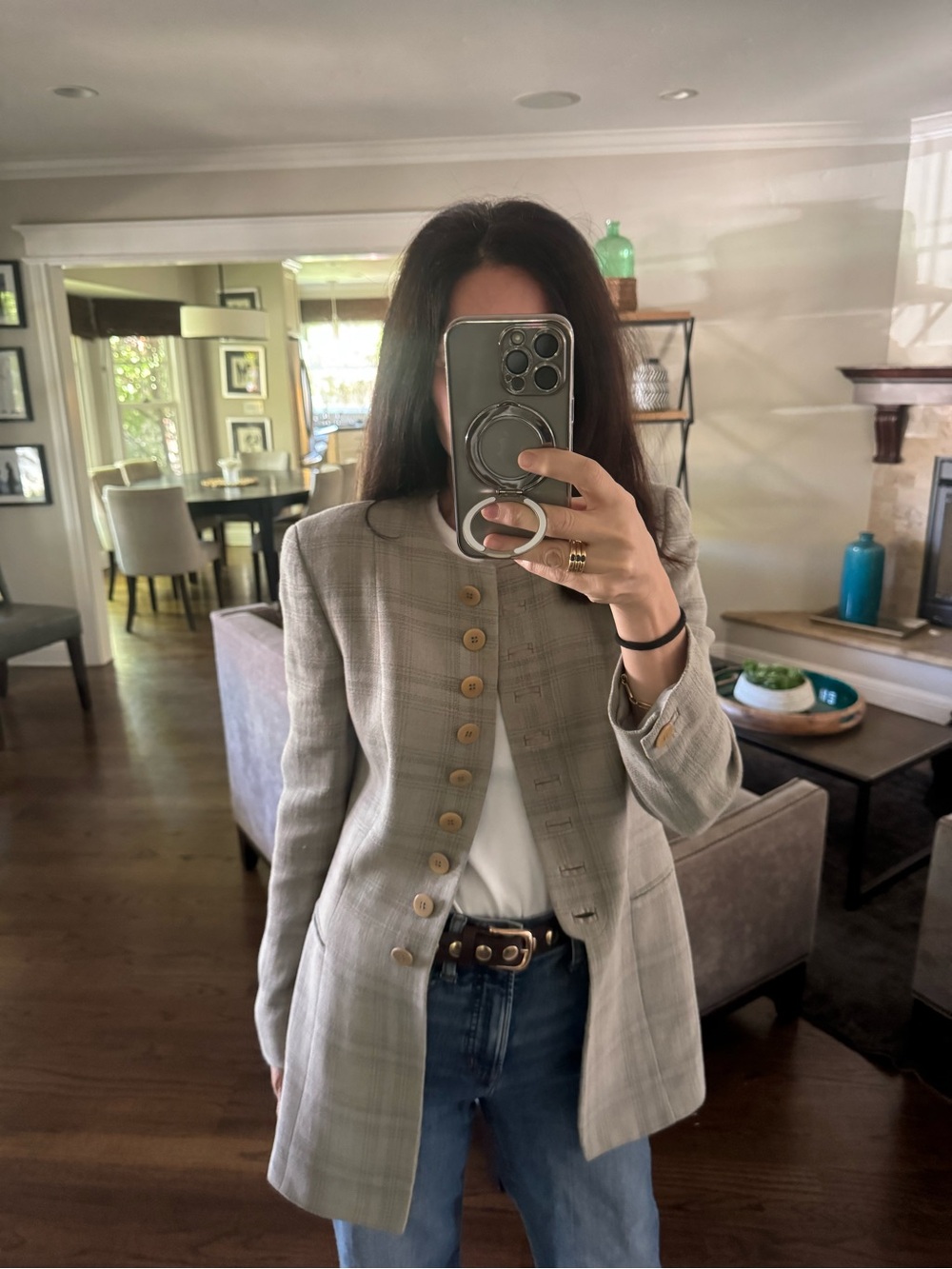 Giorgio Armani Gray Plaid Longline Button Blazer